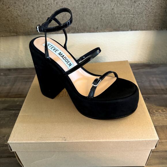 New Steve Madden Erica Platform Shoes High Heels Sandals Black Patent Straps 10 - Picture 2 of 5